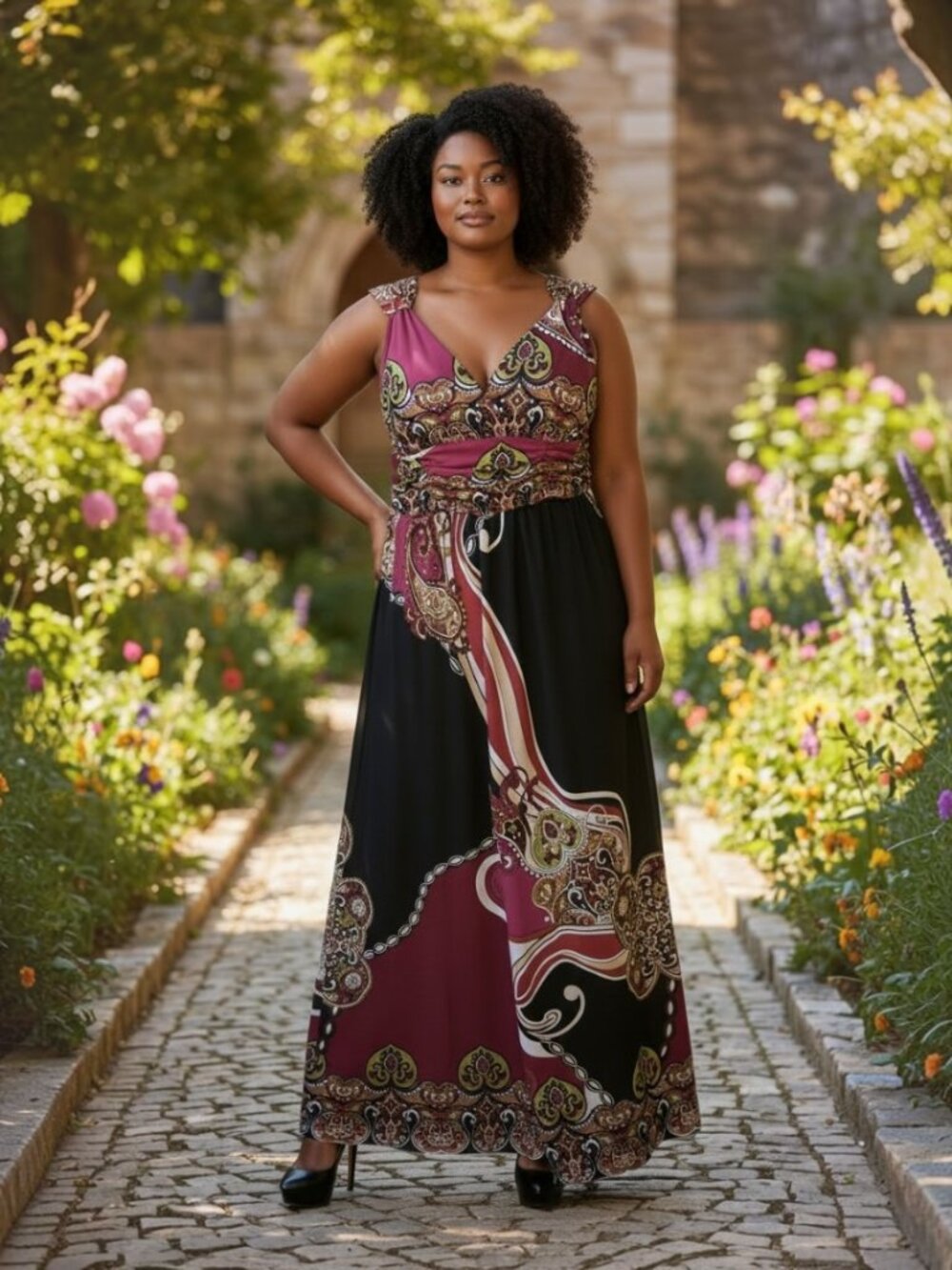 Olivia Matthews Sleeveless V-Neck Maxi Dress in Magenta and Black Size 14W